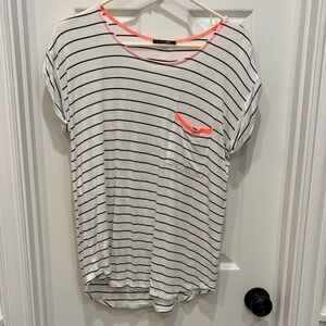 Papermoon White and Black Striped Top with Neon Pink Trim